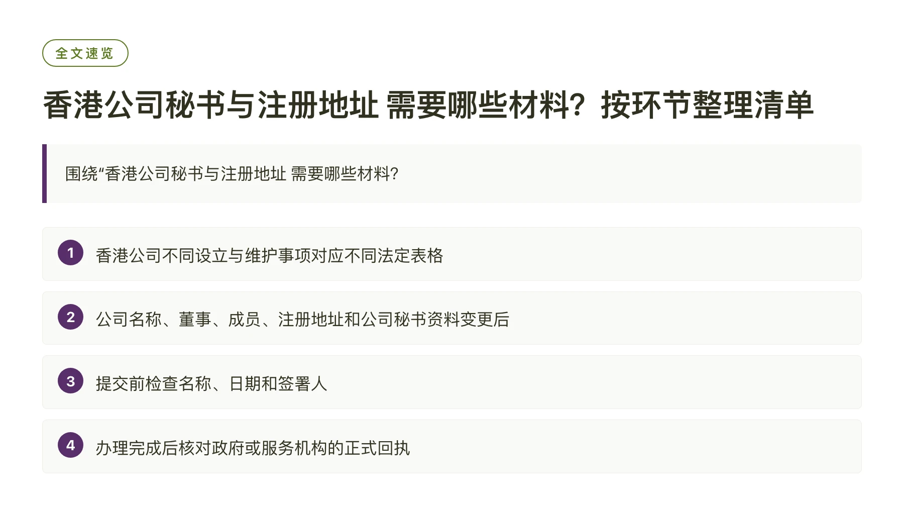 香港公司秘书与注册地址 需要哪些材料？按环节整理清单——全文要点速览